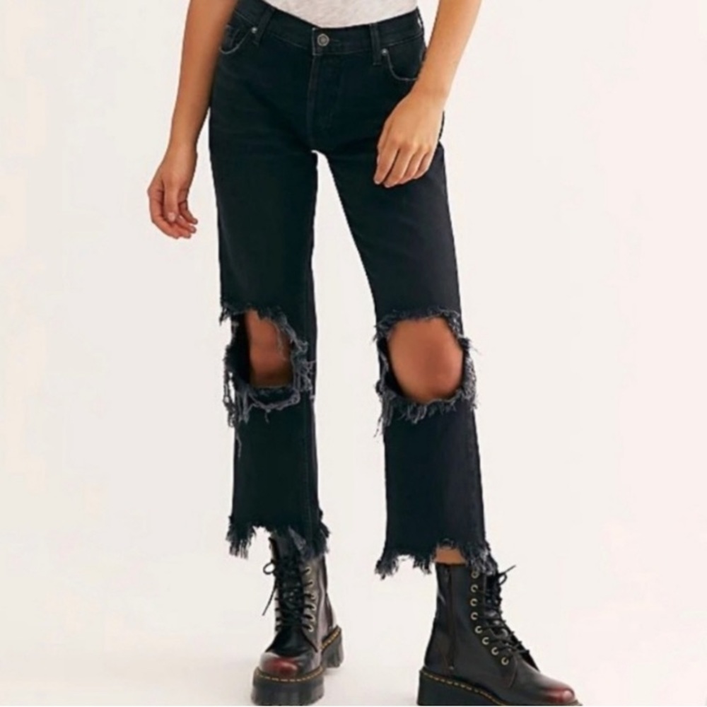 Free People Maggie Mid Rise Straight Leg Black Distressed Jeans